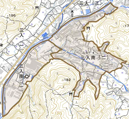 三入南とその周辺の地図。町の範囲を重ねている