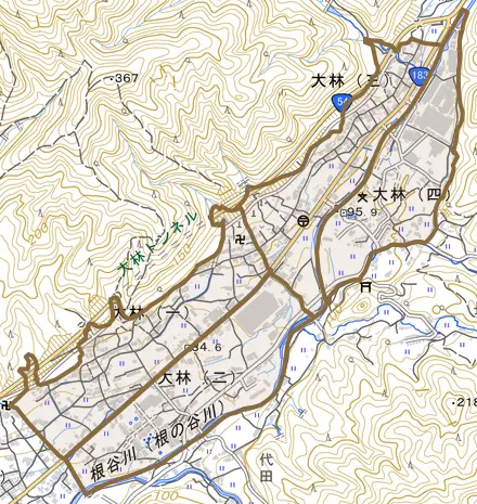 大林とその周辺の地図。町の範囲を重ねている