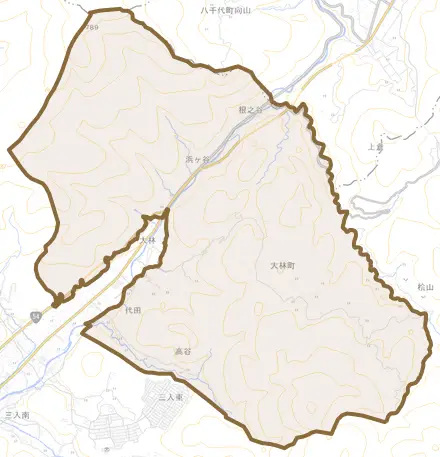 大林町とその周辺の地図。町の範囲を重ねている