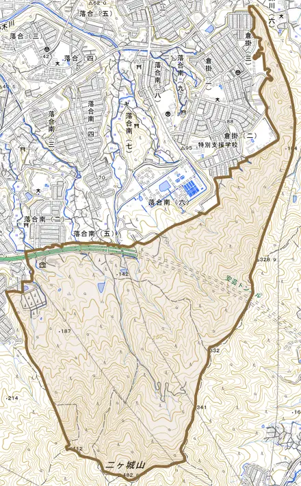 落合南町とその周辺の地図。町の範囲を重ねている