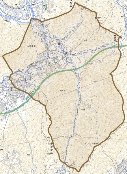 小河原町とその周辺の地図。町の範囲を重ねている