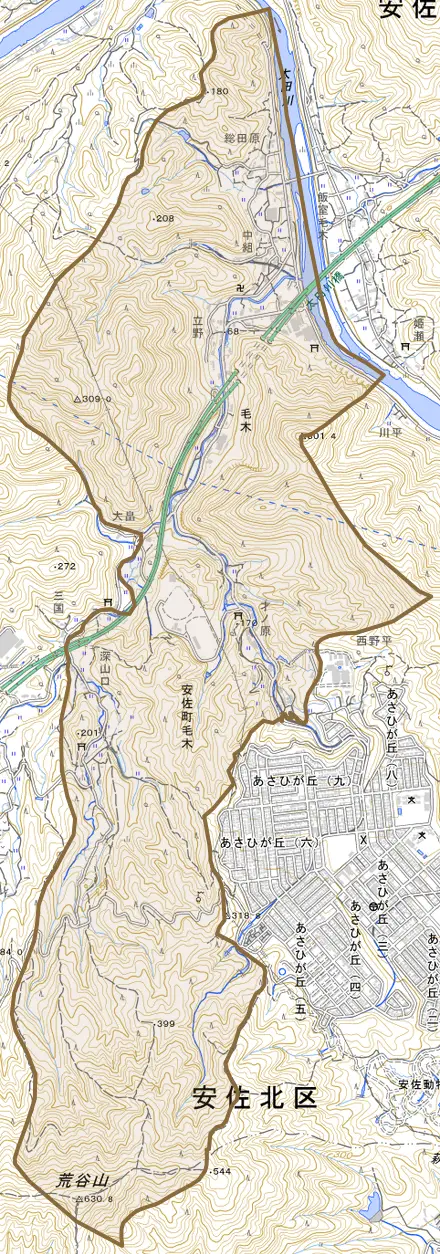安佐町大字毛木とその周辺の地図。町の範囲を重ねている
