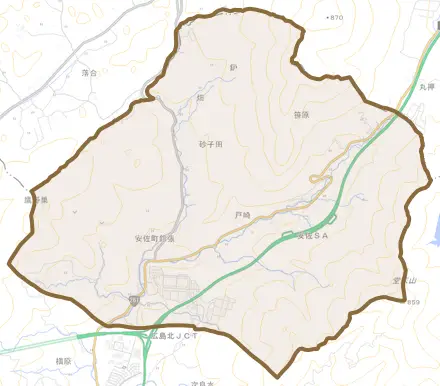 安佐町大字鈴張とその周辺の地図。町の範囲を重ねている