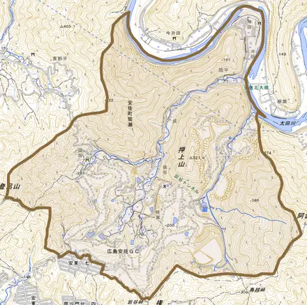 安佐町大字筒瀬とその周辺の地図。町の範囲を重ねている