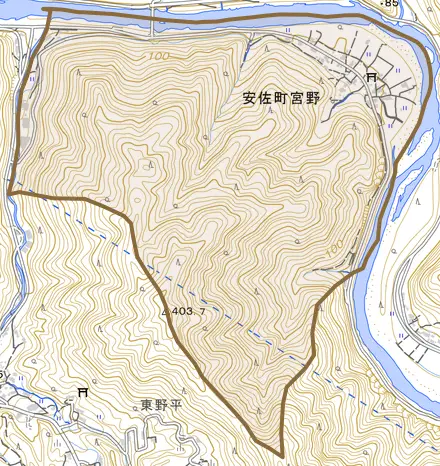 安佐町大字宮野とその周辺の地図。町の範囲を重ねている