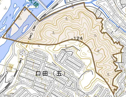 落合町とその周辺の地図。町の範囲を重ねている