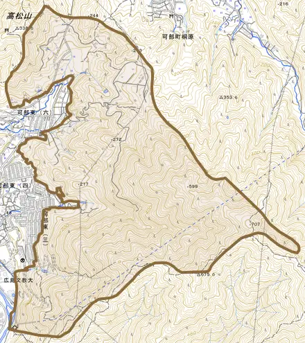 可部町大字上原とその周辺の地図。町の範囲を重ねている