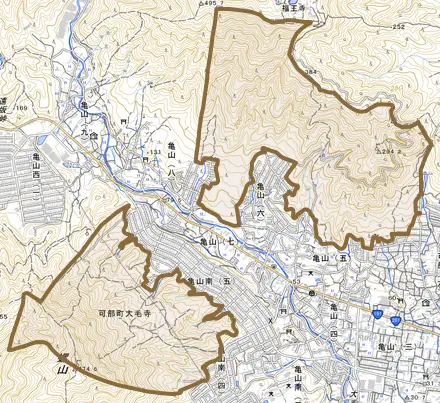 可部町大字大毛寺とその周辺の地図。町の範囲を重ねている