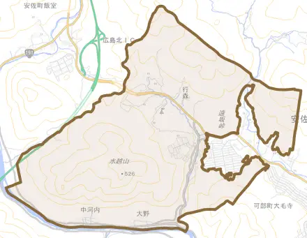 可部町大字勝木とその周辺の地図。町の範囲を重ねている