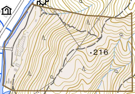 可部町大字中島とその周辺の地図。町の範囲を重ねている