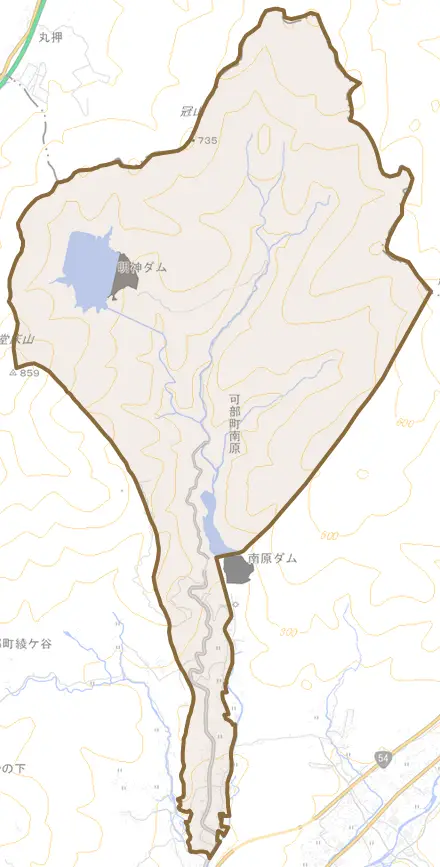 可部町大字南原とその周辺の地図。町の範囲を重ねている