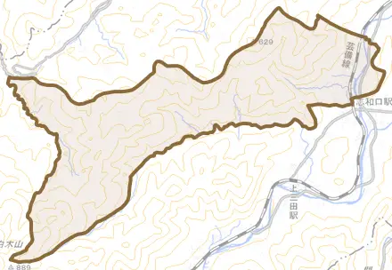 白木町大字市川とその周辺の地図。町の範囲を重ねている