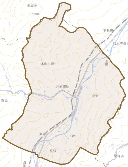 白木町大字井原とその周辺の地図。町の範囲を重ねている