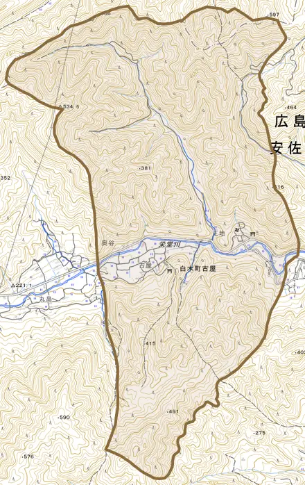 白木町大字古屋とその周辺の地図。町の範囲を重ねている