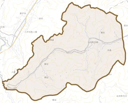白木町大字志路とその周辺の地図。町の範囲を重ねている