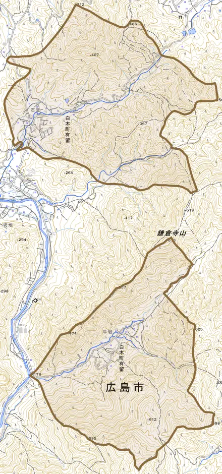 白木町大字有留とその周辺の地図。町の範囲を重ねている