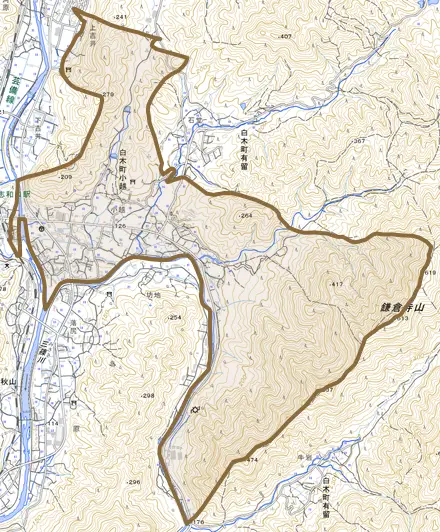 白木町大字小越とその周辺の地図。町の範囲を重ねている