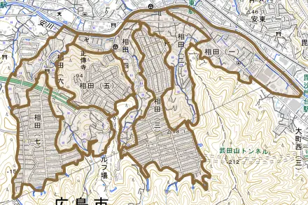 相田とその周辺の地図。町の範囲を重ねている