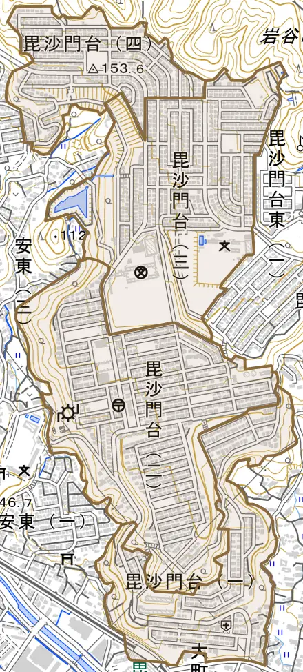 毘沙門台とその周辺の地図。町の範囲を重ねている