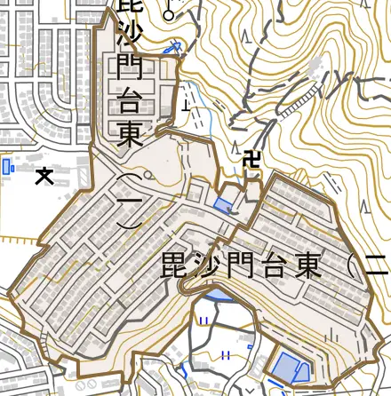 毘沙門台東とその周辺の地図。町の範囲を重ねている