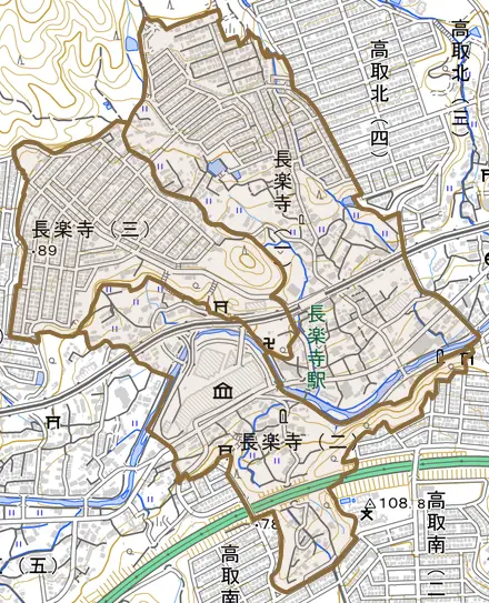 長楽寺とその周辺の地図。町の範囲を重ねている