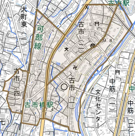 古市とその周辺の地図。町の範囲を重ねている
