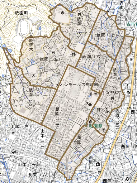 祇園とその周辺の地図。町の範囲を重ねている