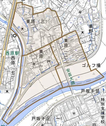 東原とその周辺の地図。町の範囲を重ねている