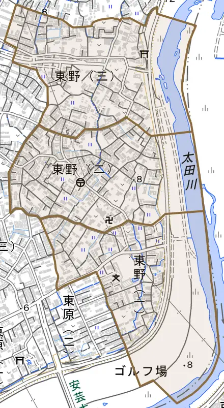 東野とその周辺の地図。町の範囲を重ねている