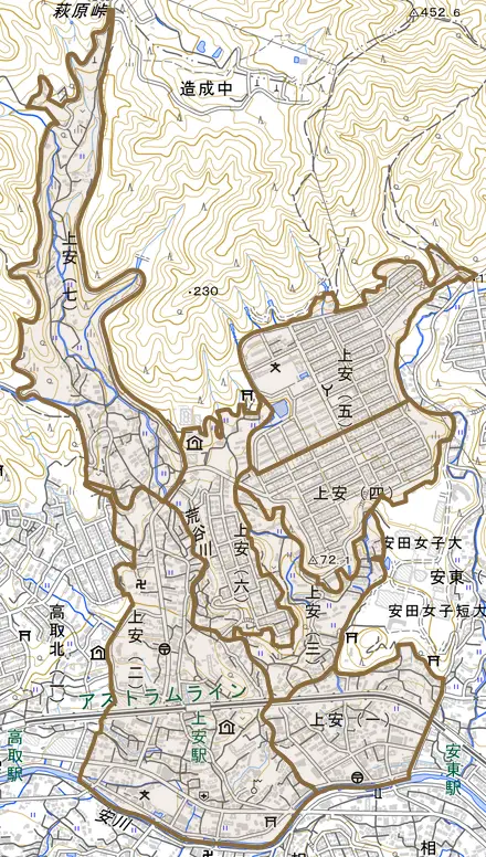 上安とその周辺の地図。町の範囲を重ねている