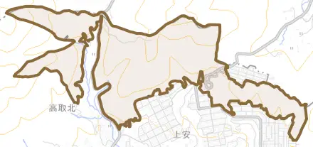 上安町とその周辺の地図。町の範囲を重ねている