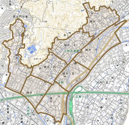 緑井とその周辺の地図。町の範囲を重ねている