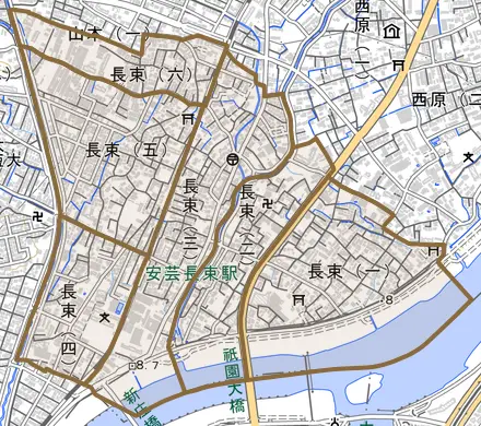 長束とその周辺の地図。町の範囲を重ねている