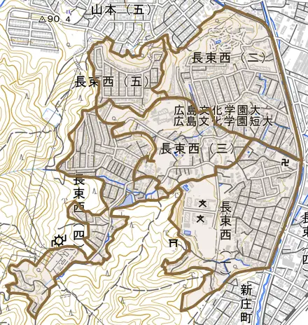 長束西とその周辺の地図。町の範囲を重ねている
