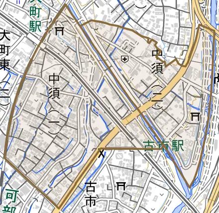 中須とその周辺の地図。町の範囲を重ねている