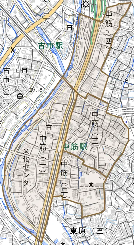 中筋とその周辺の地図。町の範囲を重ねている