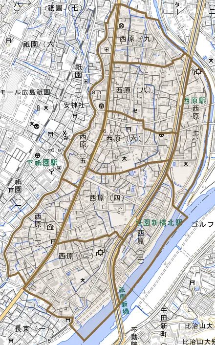 西原とその周辺の地図。町の範囲を重ねている