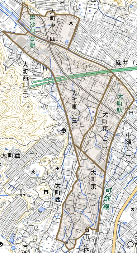 大町東とその周辺の地図。町の範囲を重ねている