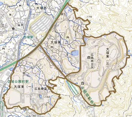 大塚東とその周辺の地図。町の範囲を重ねている