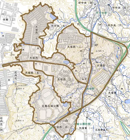 大塚西とその周辺の地図。町の範囲を重ねている