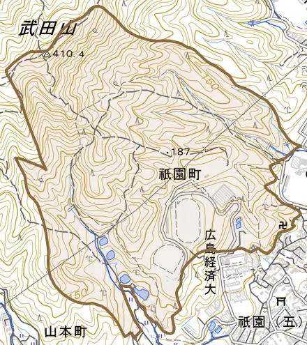 祇園町とその周辺の地図。町の範囲を重ねている