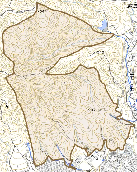 高取北町とその周辺の地図。町の範囲を重ねている