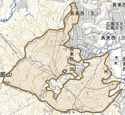 長束町とその周辺の地図。町の範囲を重ねている