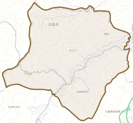 沼田町大字阿戸とその周辺の地図。町の範囲を重ねている