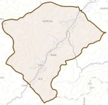 沼田町大字吉山とその周辺の地図。町の範囲を重ねている