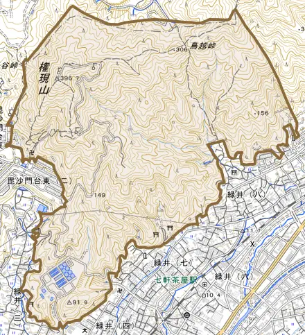 緑井町とその周辺の地図。町の範囲を重ねている