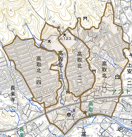 高取北とその周辺の地図。町の範囲を重ねている