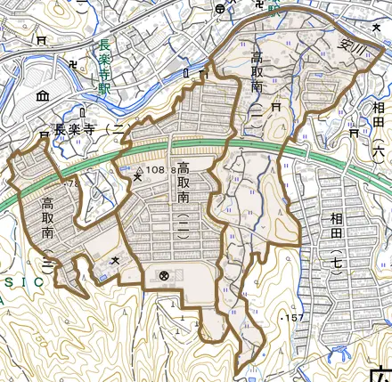 高取南とその周辺の地図。町の範囲を重ねている