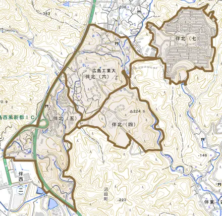 伴北とその周辺の地図。町の範囲を重ねている
