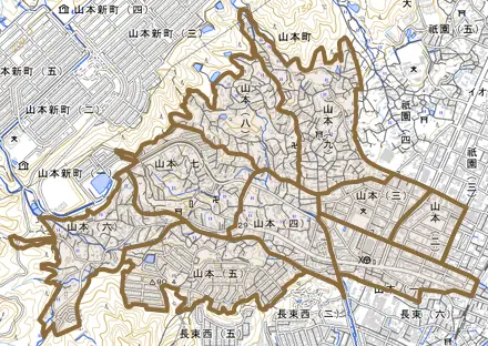 山本とその周辺の地図。町の範囲を重ねている